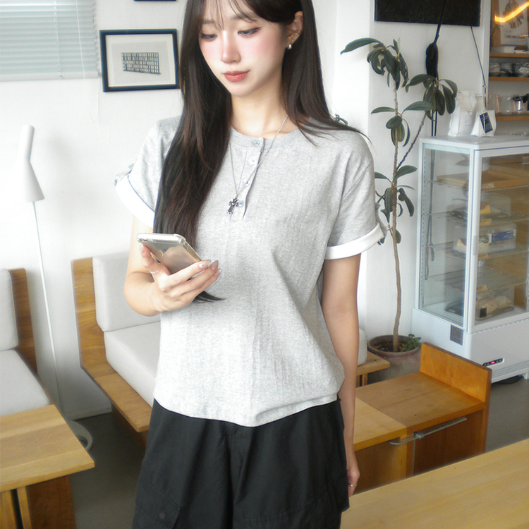 소매 널널핏 주니 헨리넥 단추 여름 루즈핏 롤업 반팔 티셔츠 데일리 오버핏 버튼 반팔티 레이어드 배색 상의 6color 메란지그레이