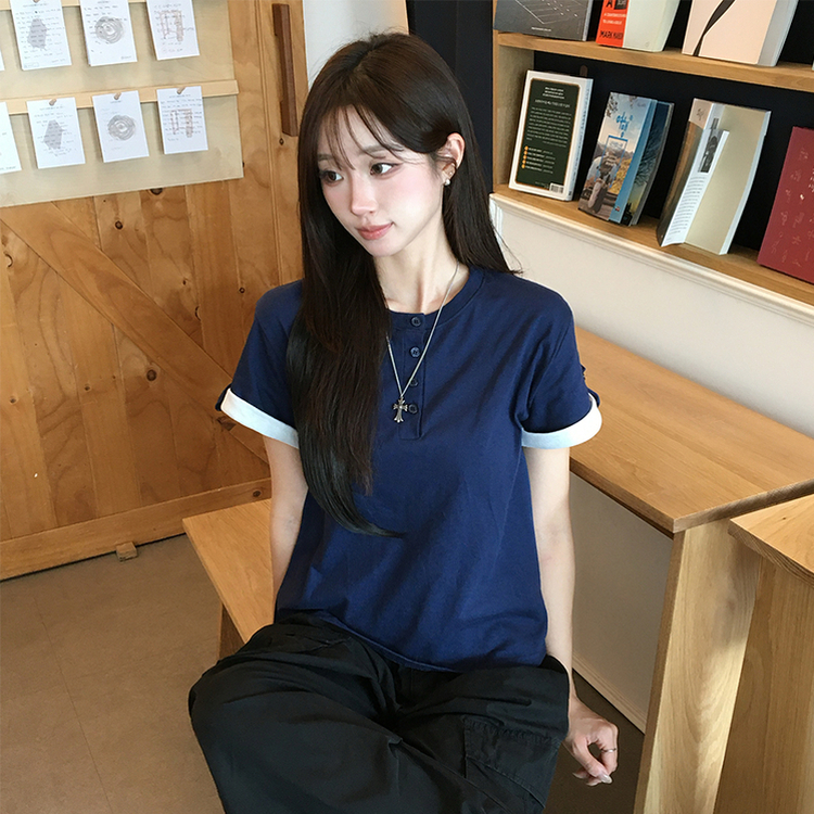 소매 널널핏 주니 헨리넥 단추 여름 루즈핏 롤업 반팔 티셔츠 데일리 오버핏 버튼 반팔티 레이어드 배색 상의 6color 네이비