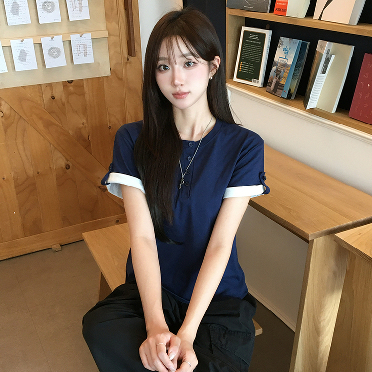 소매 널널핏 주니 헨리넥 단추 여름 루즈핏 롤업 반팔 티셔츠 데일리 오버핏 버튼 반팔티 레이어드 배색 상의 6color 네이비