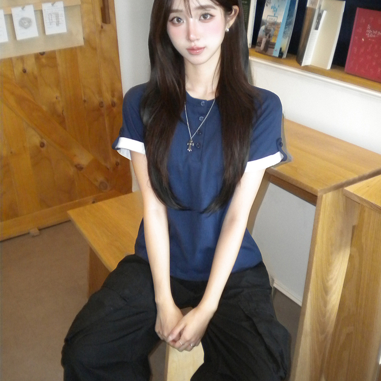 소매 널널핏 주니 헨리넥 단추 여름 루즈핏 롤업 반팔 티셔츠 데일리 오버핏 버튼 반팔티 레이어드 배색 상의 6color 네이비