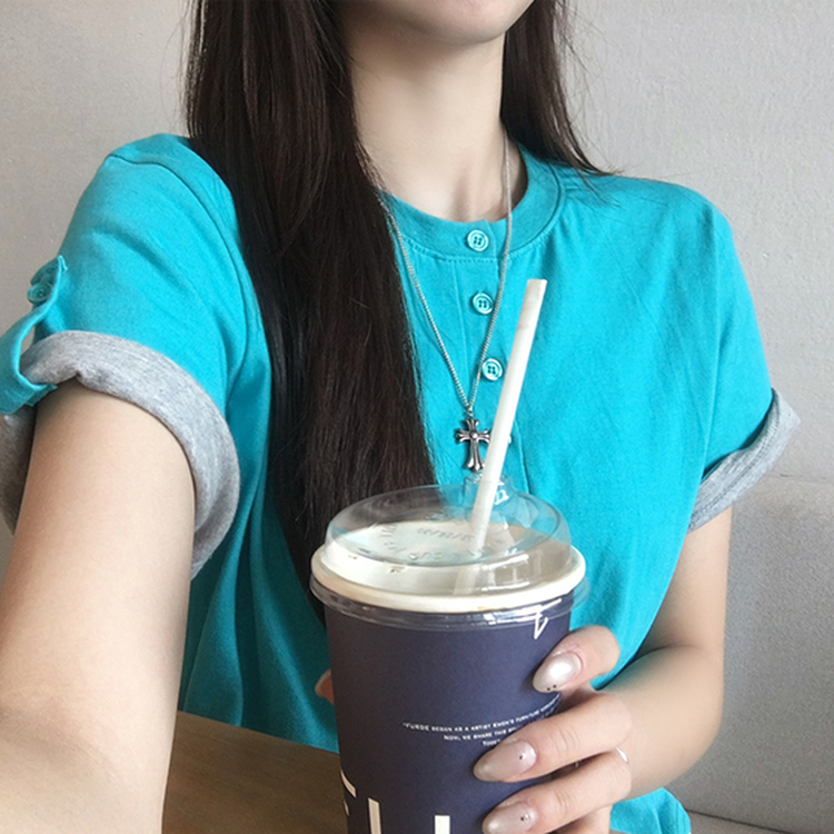 소매 널널핏 주니 헨리넥 단추 여름 루즈핏 롤업 반팔 티셔츠 데일리 오버핏 버튼 반팔티 레이어드 배색 상의 6color 민트