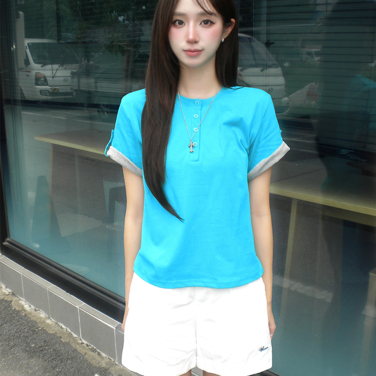 소매 널널핏 주니 헨리넥 단추 여름 루즈핏 롤업 반팔 티셔츠 데일리 오버핏 버튼 반팔티 레이어드 배색 상의 6color 민트