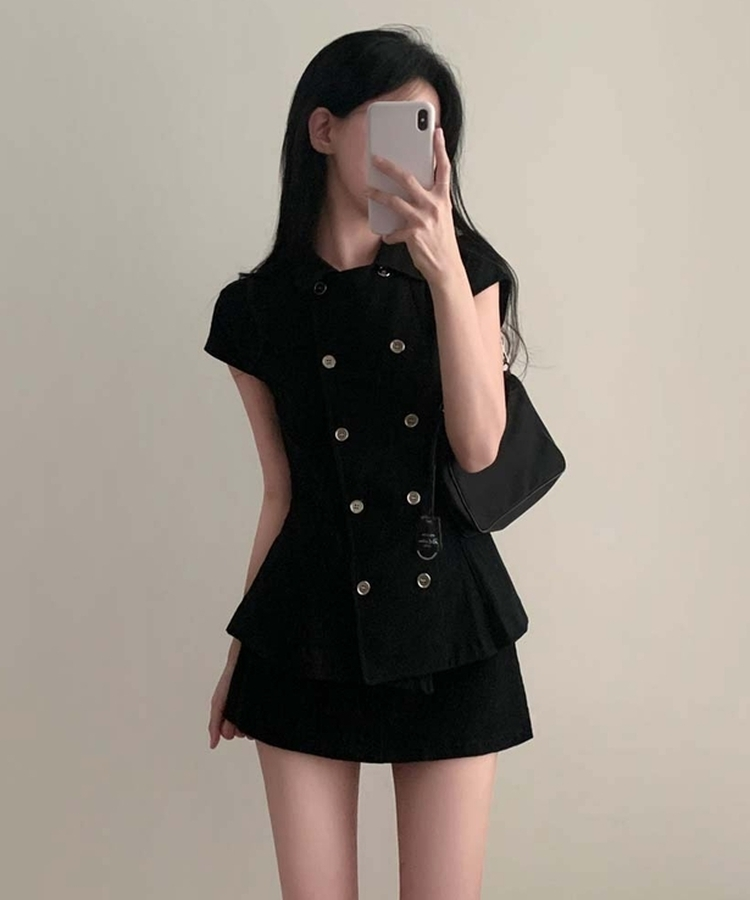 ナポレオンダブルボタン半袖ブラウス BLACK