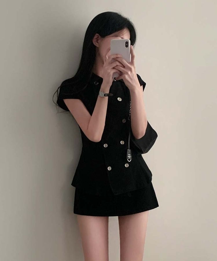 ナポレオンダブルボタン半袖ブラウス BLACK