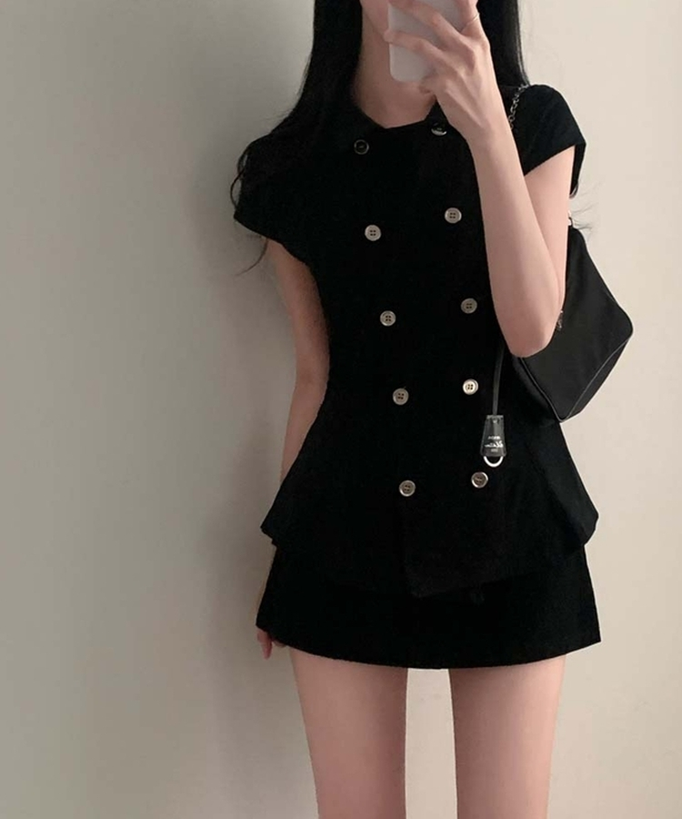 ナポレオンダブルボタン半袖ブラウス BLACK