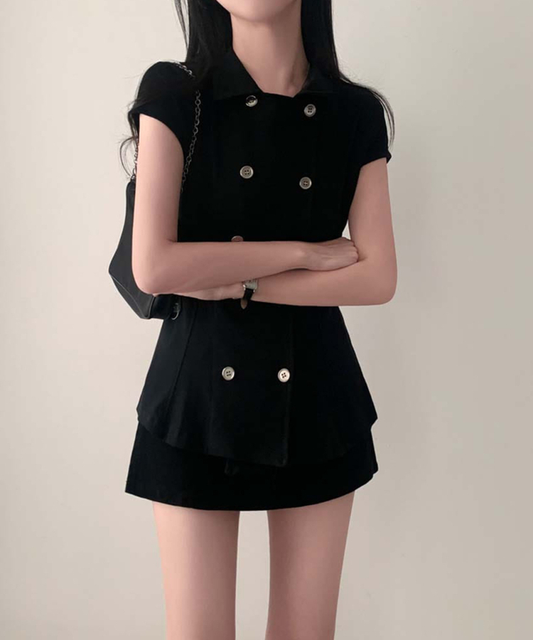 ナポレオンダブルボタン半袖ブラウス BLACK