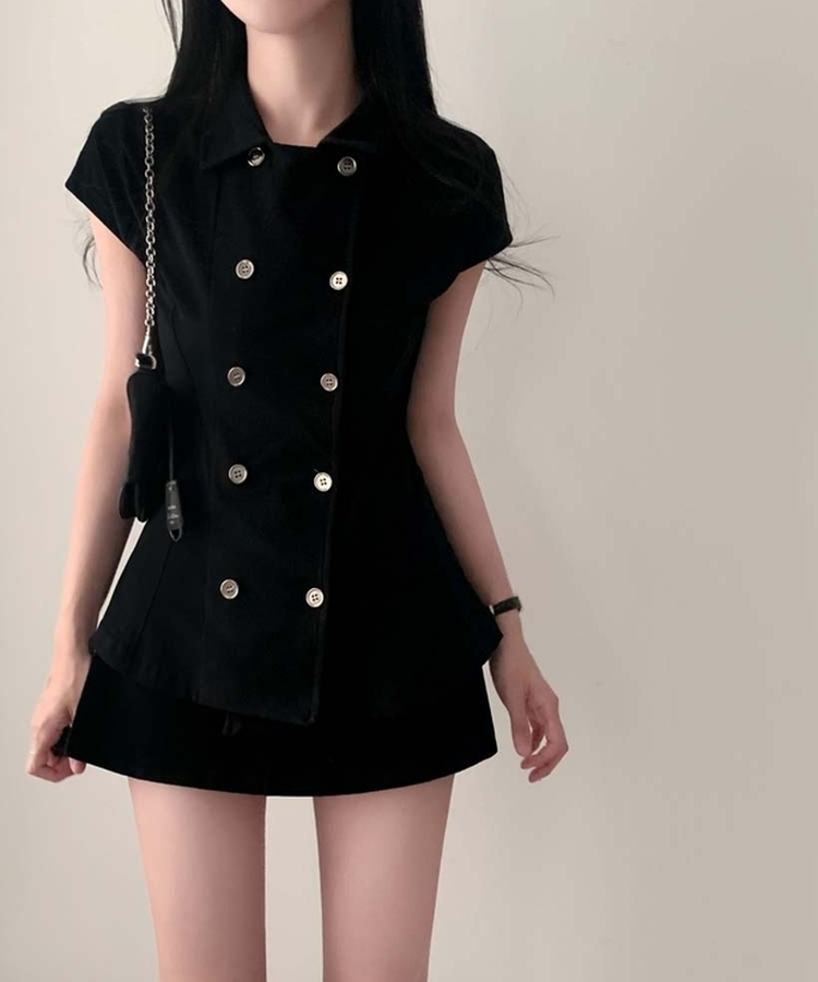 ナポレオンダブルボタン半袖ブラウス BLACK