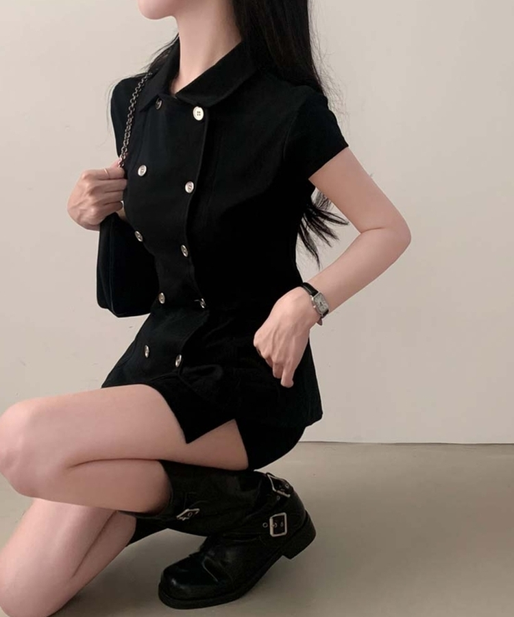 ナポレオンダブルボタン半袖ブラウス BLACK