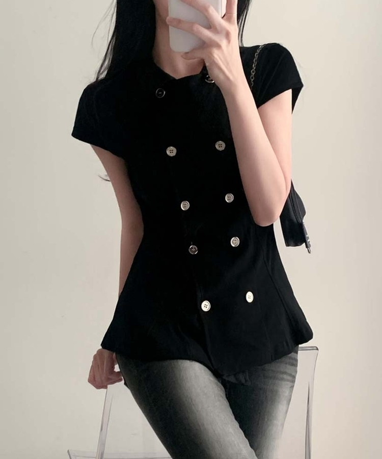 ナポレオンダブルボタン半袖ブラウス BLACK