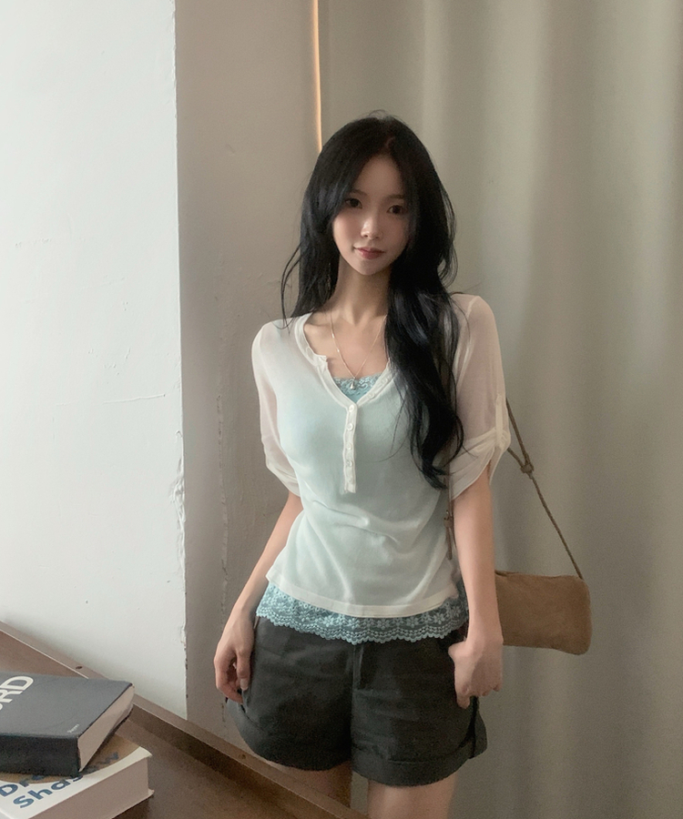 바온 헨리넥 롤업 7부 반팔니트 3color 아이보리