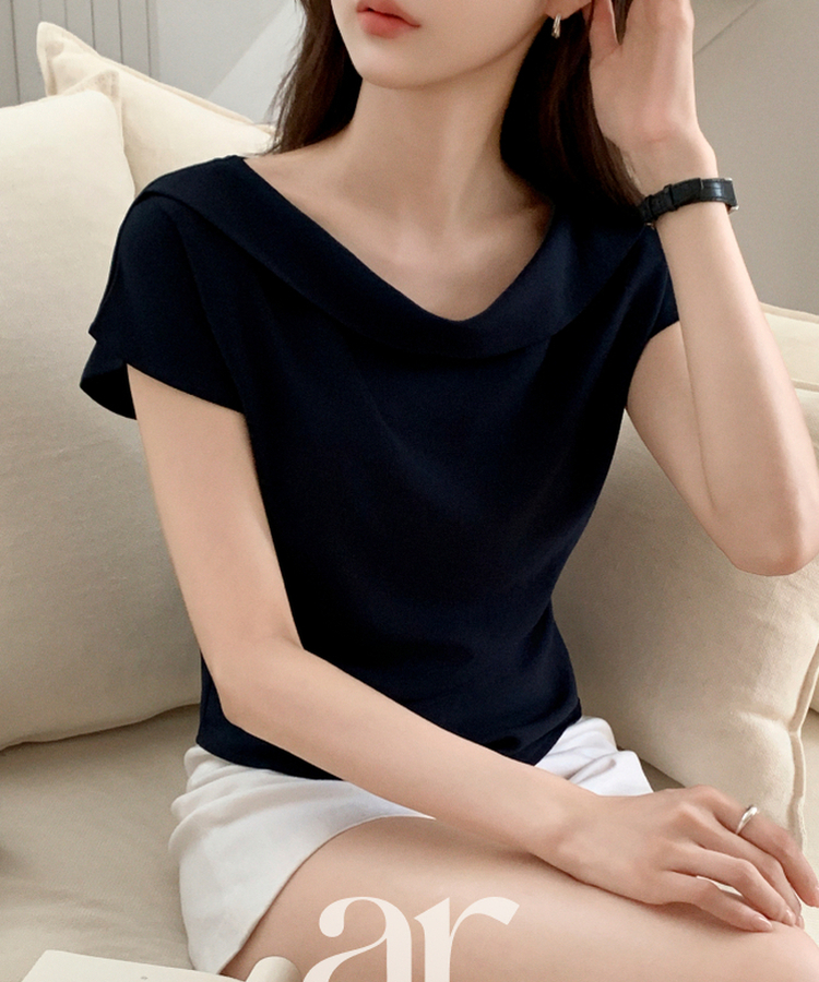 (韓国製)（国内製作）（夏のゲストルック/高級感♥）ボートネック サイドシャーリング 半袖ブラウス NAVY