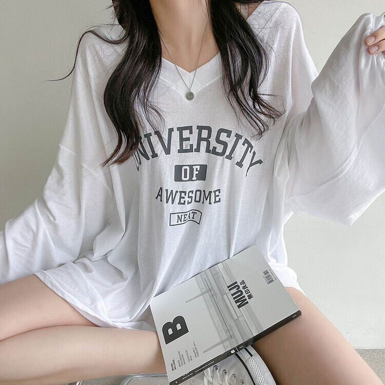 Vネックオーバーサイズ長袖シャツ｜長袖Tシャツ｜韓国ファッション通販