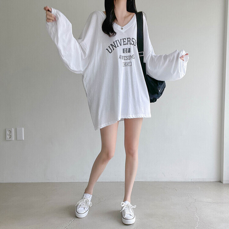 Vネックオーバーサイズ長袖シャツ｜長袖Tシャツ｜韓国ファッション通販