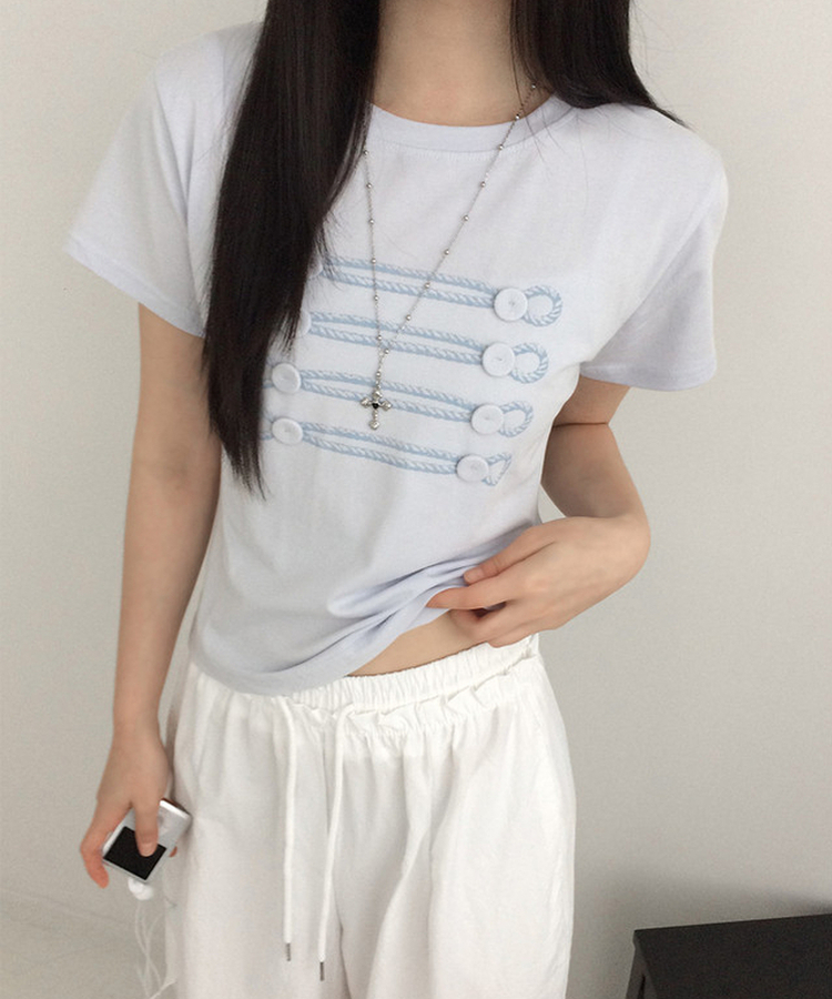 Uネックナポレオン刺繍クロップTシャツ｜半袖Tシャツ｜韓国