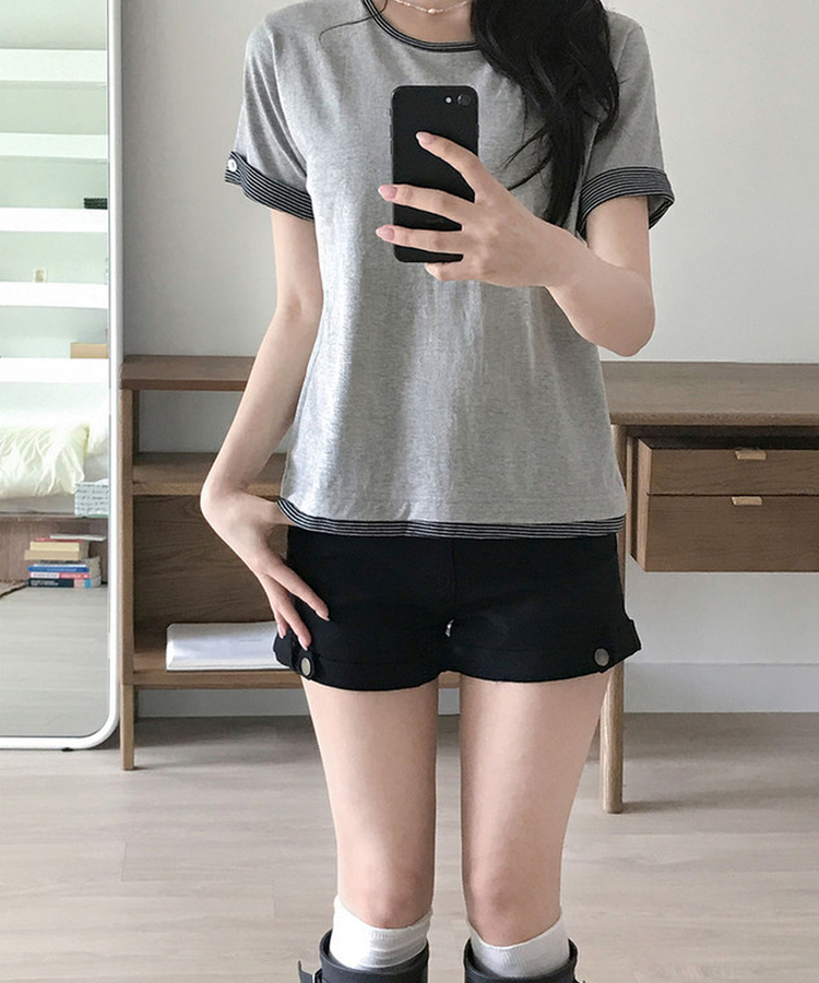 피드 일체형 단가라 레이어드 버튼 롤업 반팔 티셔츠 멜란지그레이