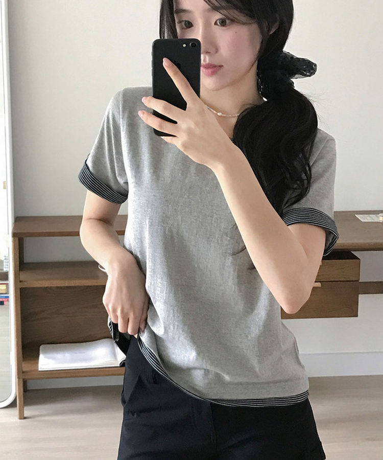피드 일체형 단가라 레이어드 버튼 롤업 반팔 티셔츠 멜란지그레이