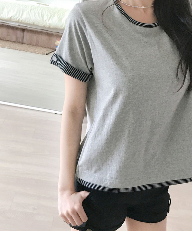 피드 일체형 단가라 레이어드 버튼 롤업 반팔 티셔츠 멜란지그레이