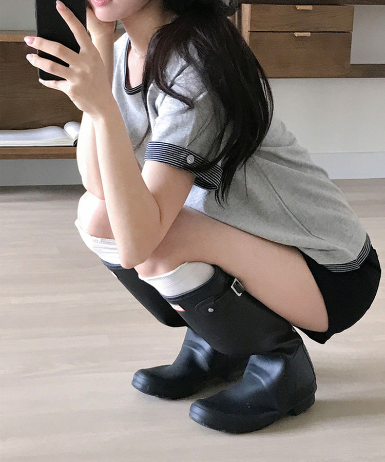 피드 일체형 단가라 레이어드 버튼 롤업 반팔 티셔츠 멜란지그레이