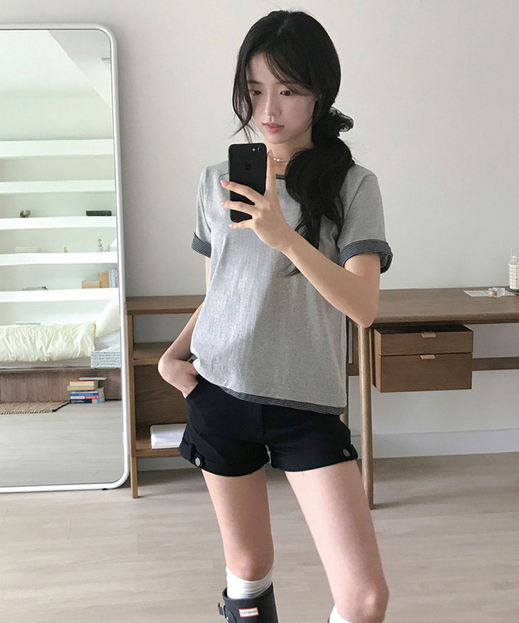 피드 일체형 단가라 레이어드 버튼 롤업 반팔 티셔츠 멜란지그레이