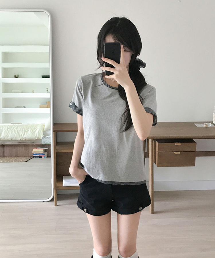 피드 일체형 단가라 레이어드 버튼 롤업 반팔 티셔츠 멜란지그레이