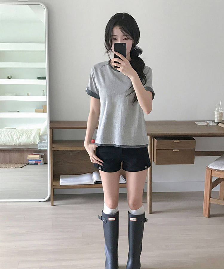 피드 일체형 단가라 레이어드 버튼 롤업 반팔 티셔츠 멜란지그레이