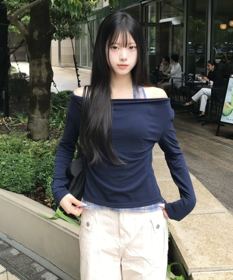 체크 오프숄더 홀터 T셔츠 곤색