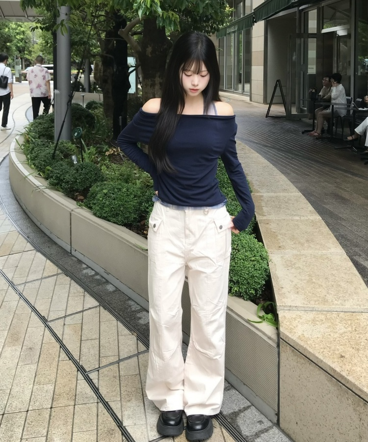 체크 오프숄더 홀터 T셔츠 곤색