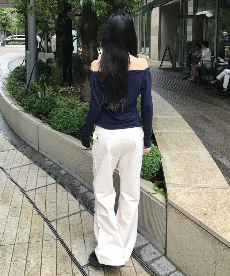 체크 오프숄더 홀터 T셔츠 곤색