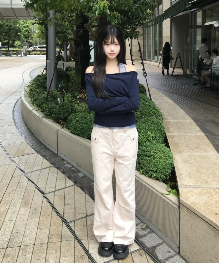 체크 오프숄더 홀터 T셔츠 곤색