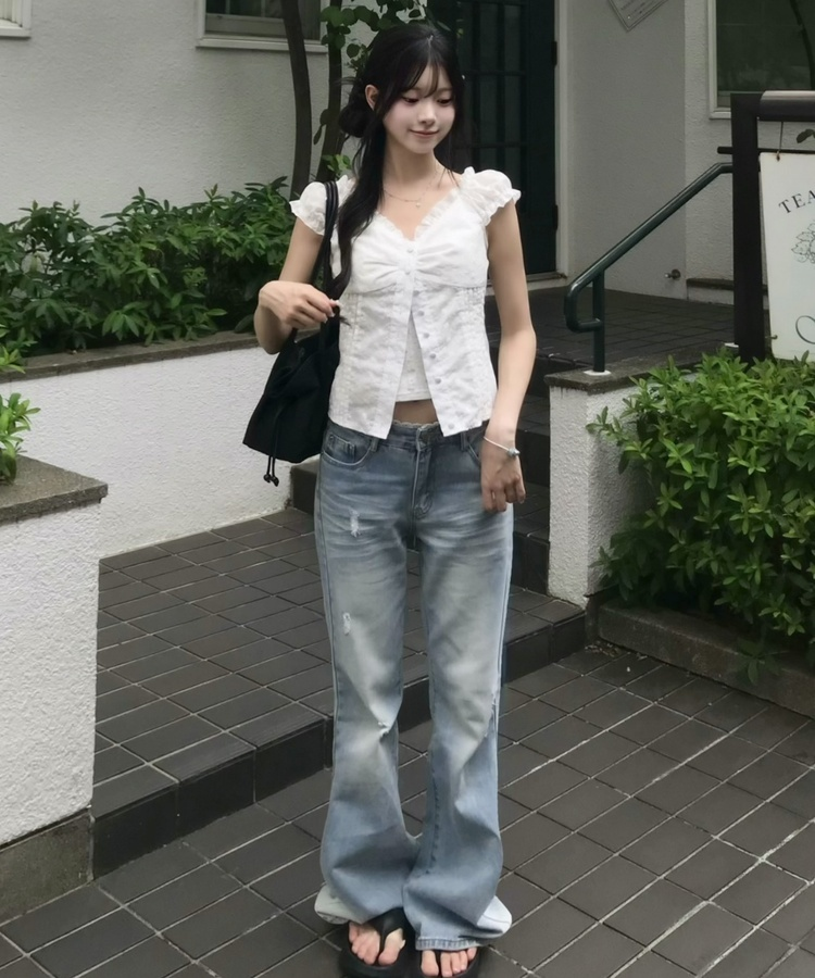 レースレイヤードデニムパンツ BLUE