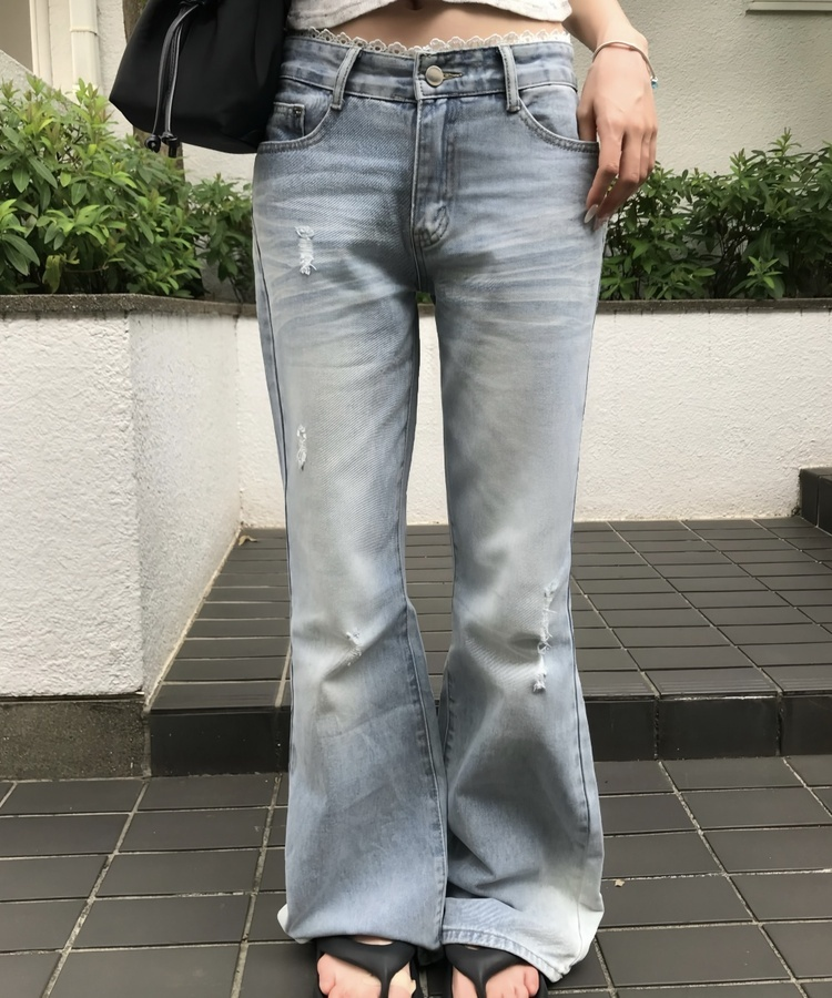 レースレイヤードデニムパンツ BLUE