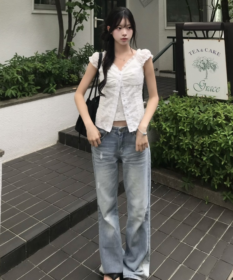 レースレイヤードデニムパンツ BLUE