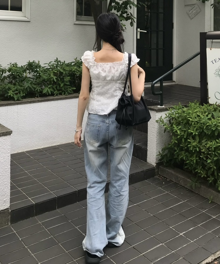 レースレイヤードデニムパンツ BLUE
