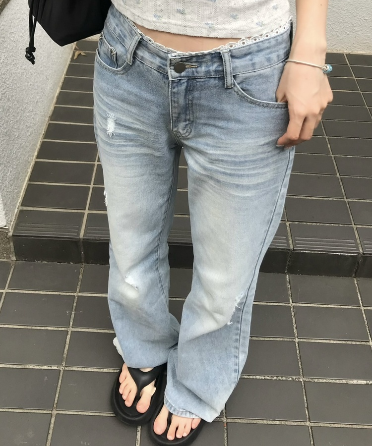 レースレイヤードデニムパンツ BLUE