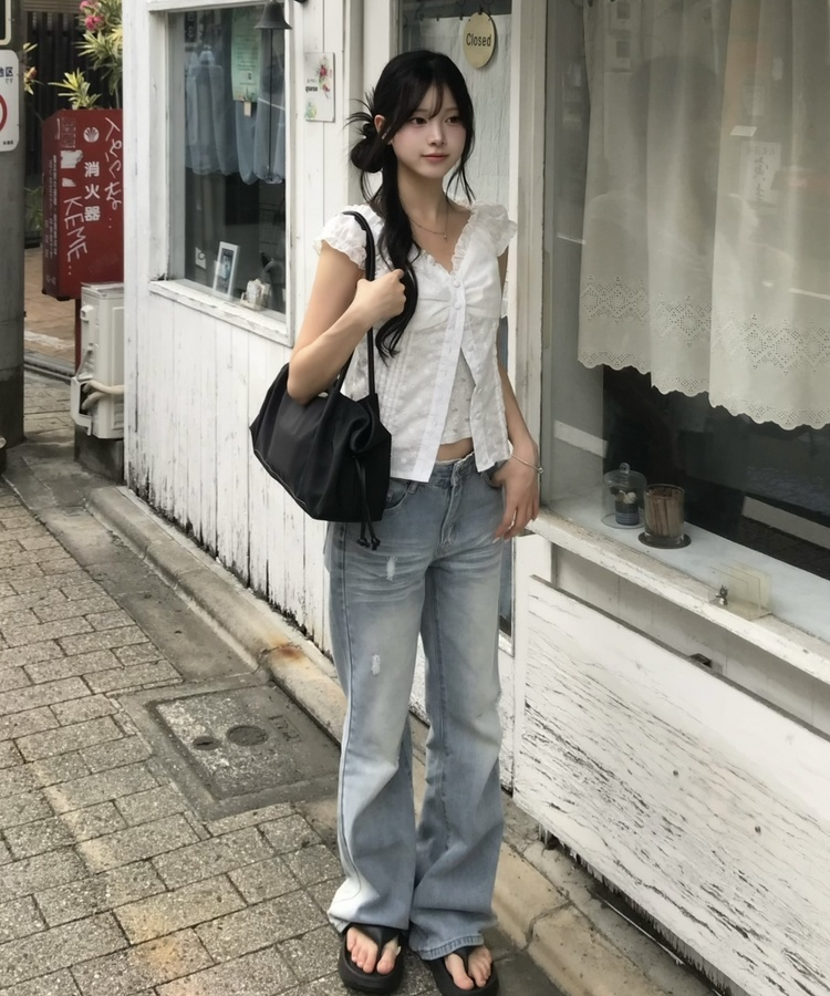 レースレイヤードデニムパンツ BLUE