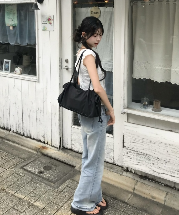 レースレイヤードデニムパンツ BLUE