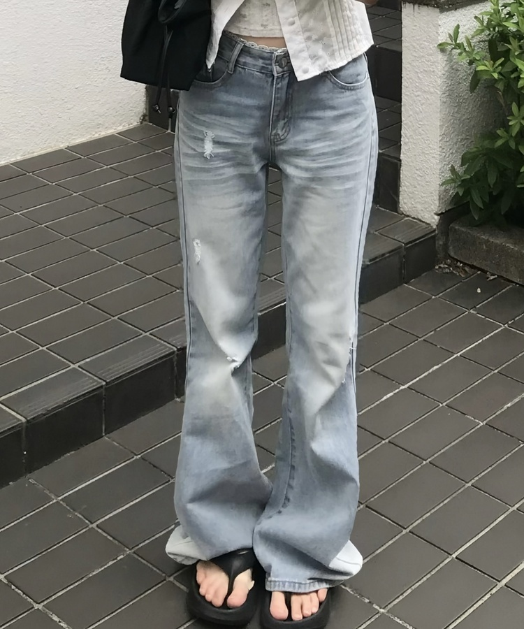 レースレイヤードデニムパンツ BLUE