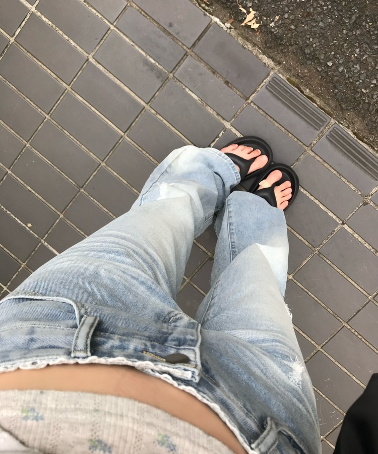レースレイヤードデニムパンツ BLUE