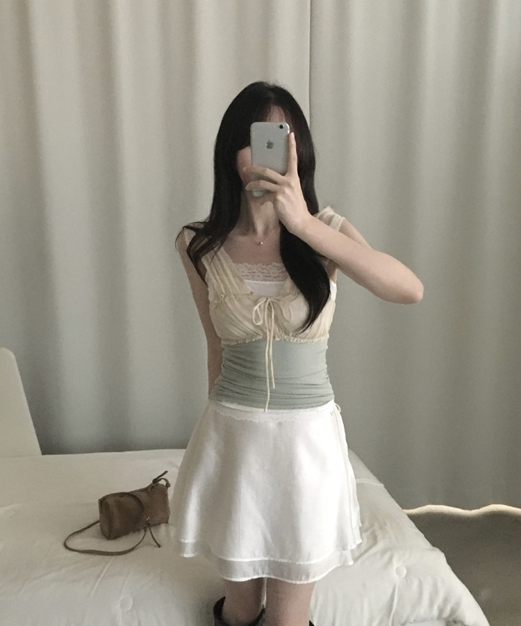 아일릿 플레어 레이어드 레이스 미디스커트 2color 화이트