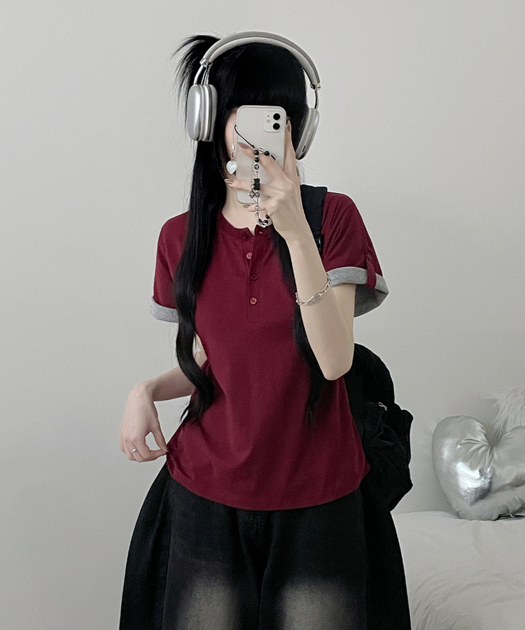 헨리넥단추소매롤업배색레이어드박스핏반팔티 레드