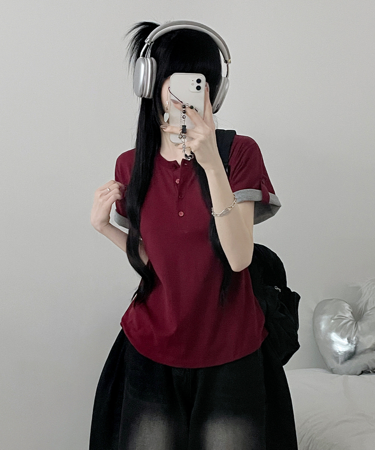 헨리넥단추소매롤업배색레이어드박스핏반팔티 레드