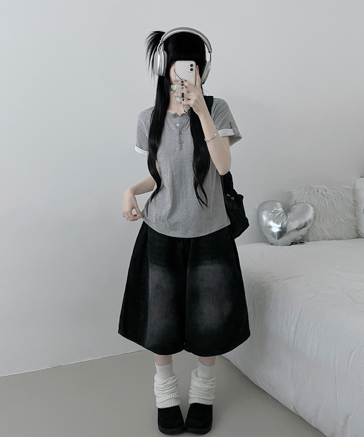 헨리넥단추소매롤업배색레이어드박스핏반팔티 그레이