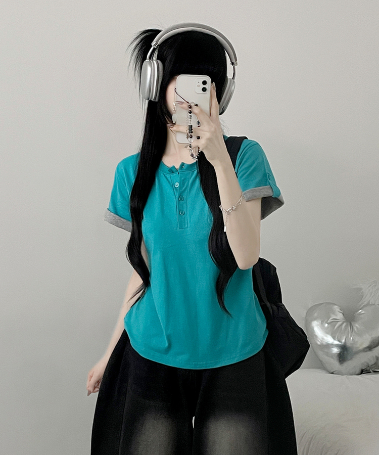 헨리넥단추소매롤업배색레이어드박스핏반팔티 아쿠아블루