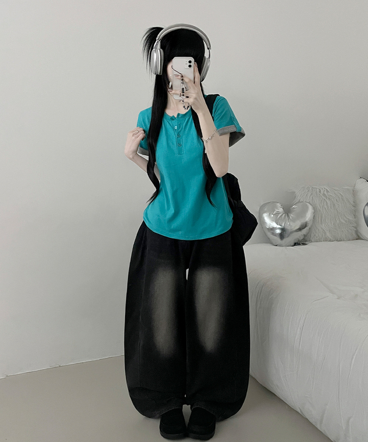 헨리넥단추소매롤업배색레이어드박스핏반팔티 아쿠아블루