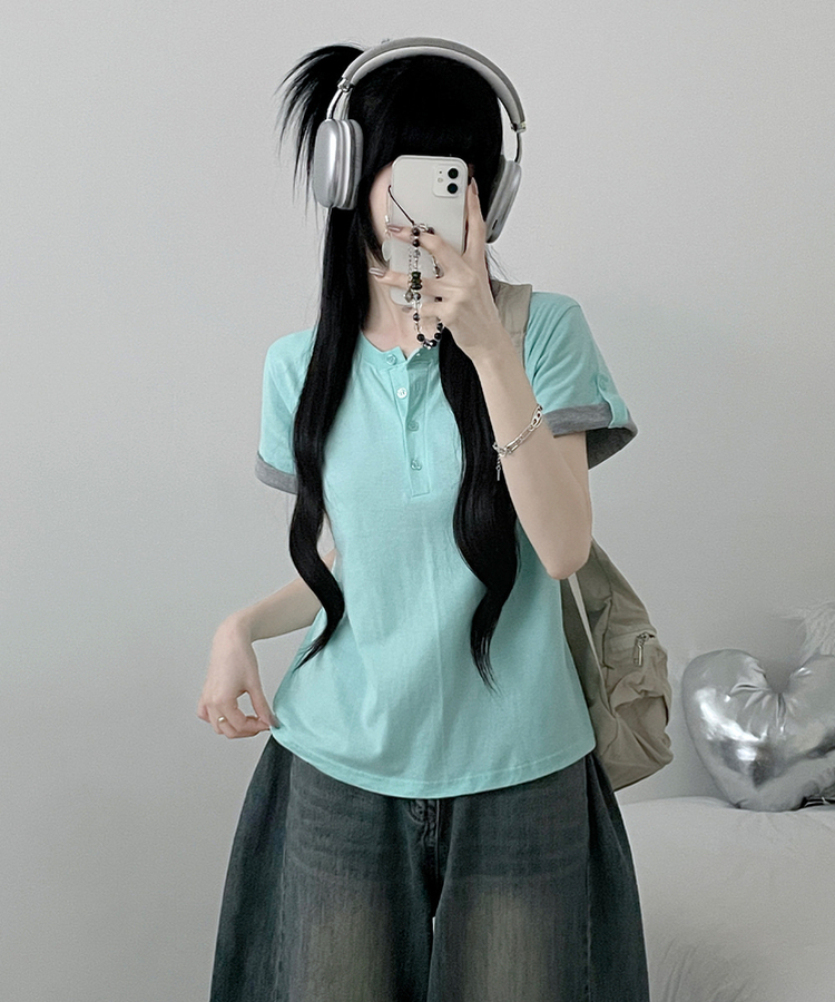 헨리넥단추소매롤업배색레이어드박스핏반팔티 민트