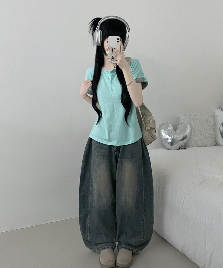 헨리넥단추소매롤업배색레이어드박스핏반팔티 민트