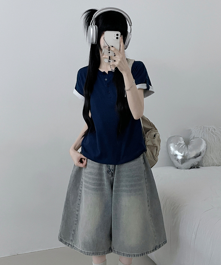 헨리넥단추소매롤업배색레이어드박스핏반팔티 네이비