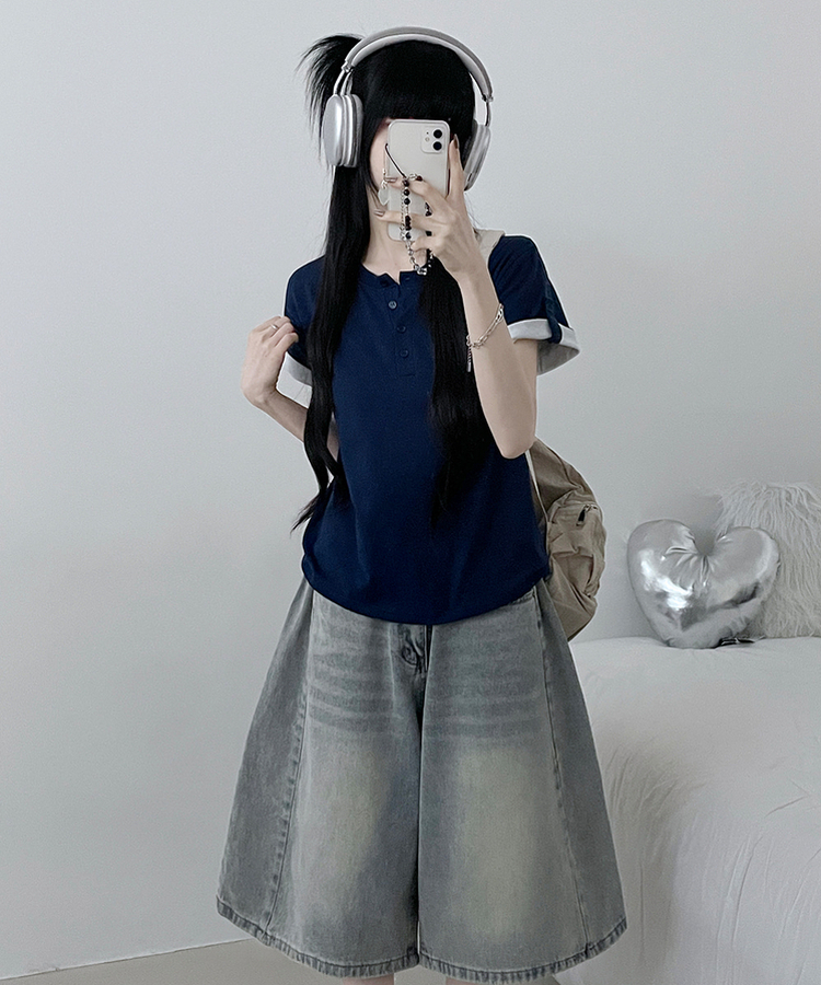 헨리넥단추소매롤업배색레이어드박스핏반팔티 네이비