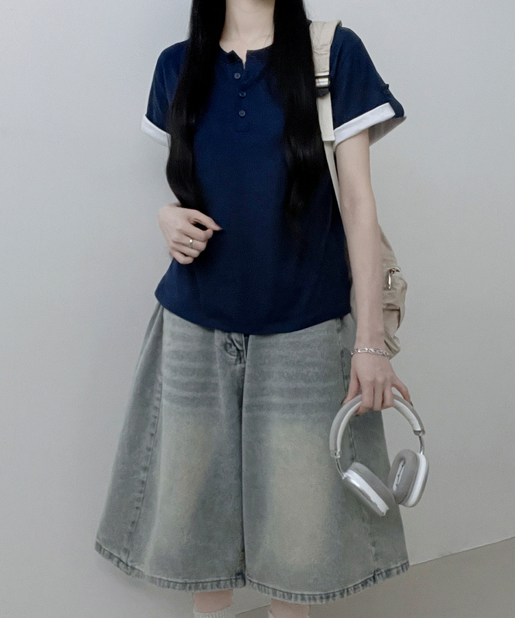 헨리넥단추소매롤업배색레이어드박스핏반팔티 네이비