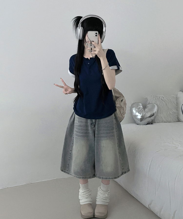 헨리넥단추소매롤업배색레이어드박스핏반팔티 네이비